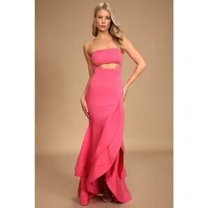 NWT Lulus Fabulous Festivities Hot Pink Strapless‎ Ruffled Trumpet Dress Size XS